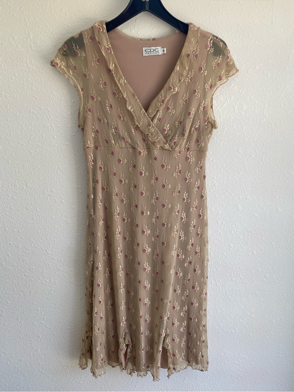Vintage CDC Beige Floral Cap-Sleeve V-Neck Dress